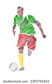 Drawing of man soccer player dominating the ball made from sketch-style brush strokes