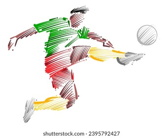 Dibujo de un jugador de fútbol dominando la pelota hecho de pinceladas de broche estilo boceto
