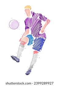 Drawing of man soccer player dominating the ball made from sketch-style brush strokes