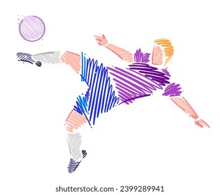 Drawing of man soccer player dominating the ball made from sketch-style brush strokes