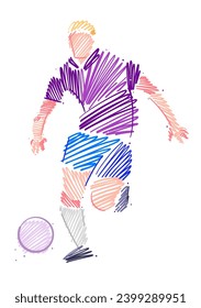 Drawing of man soccer player dominating the ball made from sketch-style brush strokes