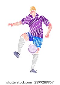 Drawing of man soccer player dominating the ball made from sketch-style brush strokes