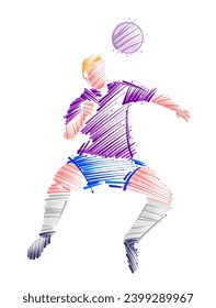 Drawing of man soccer player dominating the ball made from sketch-style brush strokes
