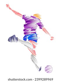 Drawing of man soccer player dominating the ball made from sketch-style brush strokes