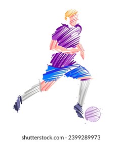 Drawing of man soccer player dominating the ball made from sketch-style brush strokes