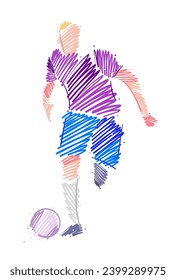 Drawing of man soccer player dominating the ball made from sketch-style brush strokes