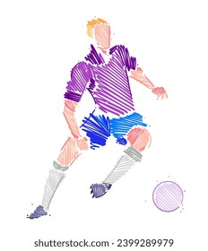 Drawing of man soccer player dominating the ball made from sketch-style brush strokes