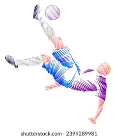 Drawing of man soccer player dominating the ball made from sketch-style brush strokes