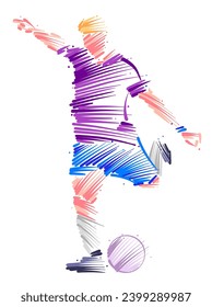 Drawing of man soccer player dominating the ball made from sketch-style brush strokes