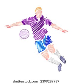 Drawing of man soccer player dominating the ball made from sketch-style brush strokes