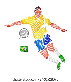 Drawing of man soccer player dominating the ball made from sketch-style brush strokes