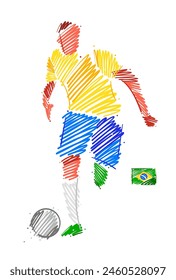 Drawing of man soccer player dominating the ball made from sketch-style brush strokes