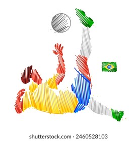 Drawing of man soccer player dominating the ball made from sketch-style brush strokes