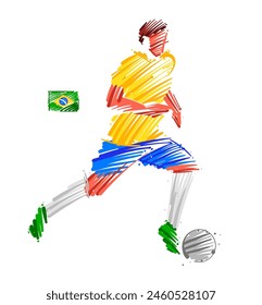 Drawing of man soccer player dominating the ball made from sketch-style brush strokes