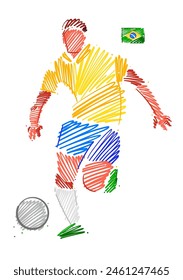 Drawing of man soccer player dominating the ball made from sketch-style brush strokes