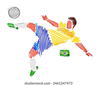 Drawing of man soccer player dominating the ball made from sketch-style brush strokes