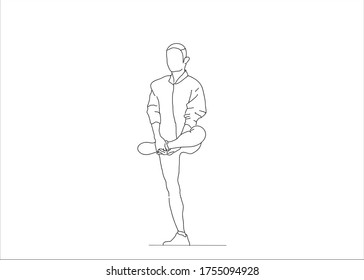 Drawing of a man stretching her body before exercising. White background.