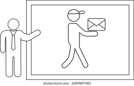 Un dibujo de un hombre en traje que apunta a una caja que contiene otra figura con una gorra que sostiene un sobre