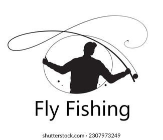 Drawing of a man throwing a fly fishing rod, outdoor activities black silhouette illustration.