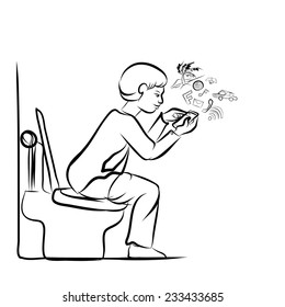 Drawing of man using mobile phone for social network in toilet