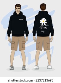 drawing of man wearing hoodie and joggers shorts