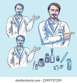 Drawing of a man in a white pharmacist gown pointing at products with his hand two options. 