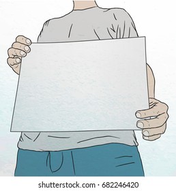 A drawing of a man who is holding a blank piece of paper. Vector.