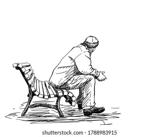 Drawing of man in winter clothes sitting on bench and looking away, View from side, Vector sketch Hand drawn illustration isolated