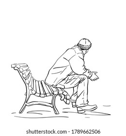 Drawing of man in winter clothes sitting on bench and looking away, View from side, Vector sketch Hand drawn line illustration isolated