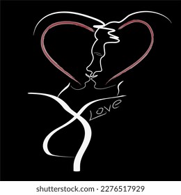 drawing of a man and woman in love with white lines on a black background