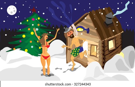 Drawing a man and a woman running away from the sauna on Christmas night in Russia