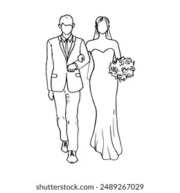 drawing of man and woman in a wedding dress, she holds on to it and carries a bouquet of flowers - hand drawn doodle