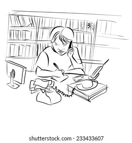 Drawing of man working by speaking on phone and note to paper at his desk