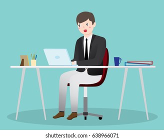 Drawing Of A Man Working On A Laptop Computer. Working At Home During Office Hour. Vector Flat Cartoon Illustration. 