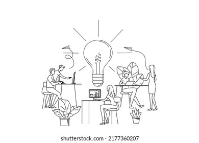 Drawing Of Manager At Remote Work, Searching For New Ideas Solutions, Working Together In The Company
