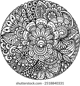 Dibujo de mandala redondo abstracto floral para colorear. Ilustración vectorial.