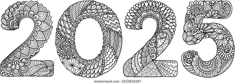 Drawing mandala zentangle 2025 for adult coloring page or design element. Vector illustration.