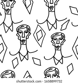 Drawing man's face on a white background, Seamless pattern hand-drawn background. Colorful background. Decorative cute wallpaper, good for printing. Abstraction
