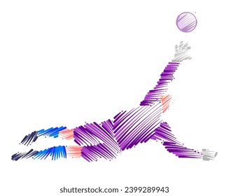Drawing of a man's goalkeeper in action to catch the ball made of sketch style brush strokes