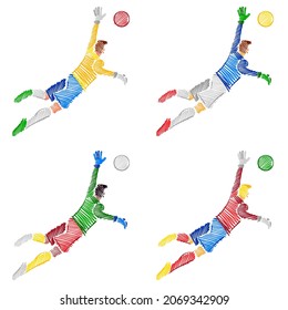 Drawing of a man's goalkeeper jumping to catch the ball made of sketch style brush strokes