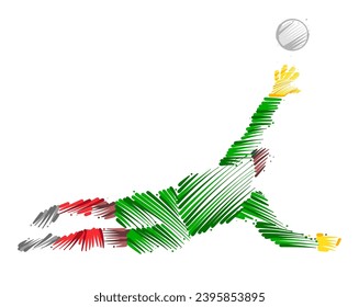 Drawing of a man's goalkeeper jumping to catch the ball made of sketch style brush strokes