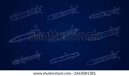 A drawing of many different types of missiles. The drawing is black and white. The idea of the drawing is to show the variety of missiles that exist. Isometric view. 3D