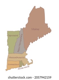 Drawing of a map of New England states comprising six states in Northeastern United States, Connecticut, Maine, Massachusetts, New Hampshire, Rhode Island and Vermont on isolated background.