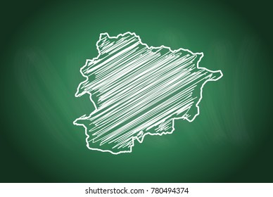 Drawing map on blackboard of andorra. drawn on chalkboard with scribbled map of andorra. can be use for education. vector illustration.