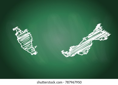 Drawing map on blackboard of malaysia. drawn on chalkboard with scribbled map of malaysia. can be use for education. vector illustration.