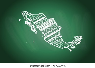 Drawing map on blackboard of mexico. drawn on chalkboard with scribbled map of mexico. can be use for education. vector illustration.