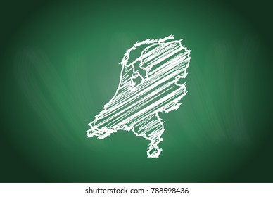 Drawing map on blackboard of netherlands. drawn on chalkboard with scribbled map of netherlands. can be use for education. vector illustration.