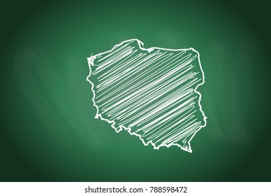 Drawing map on blackboard of poland. drawn on chalkboard with scribbled map of poland. can be use for education. vector illustration.