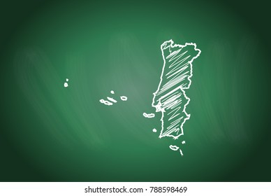 Drawing map on blackboard of portugal. drawn on chalkboard with scribbled map of portugal. can be use for education. vector illustration.