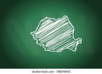 Drawing map on blackboard of romania. drawn on chalkboard with scribbled map of romania. can be use for education. vector illustration.